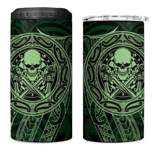 New Zealand Skull Darts 4 in 1 Can Cooler Tumbler Aotearoa Maori Chest Tattoo Stylized Green - Aussie Hoodie