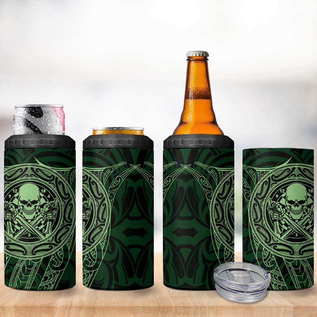 New Zealand Skull Darts 4 in 1 Can Cooler Tumbler Aotearoa Maori Chest Tattoo Stylized Green - Aussie Hoodie