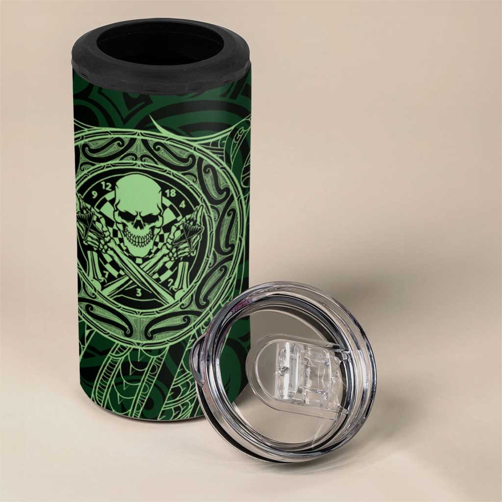 New Zealand Skull Darts 4 in 1 Can Cooler Tumbler Aotearoa Maori Chest Tattoo Stylized Green - Aussie Hoodie