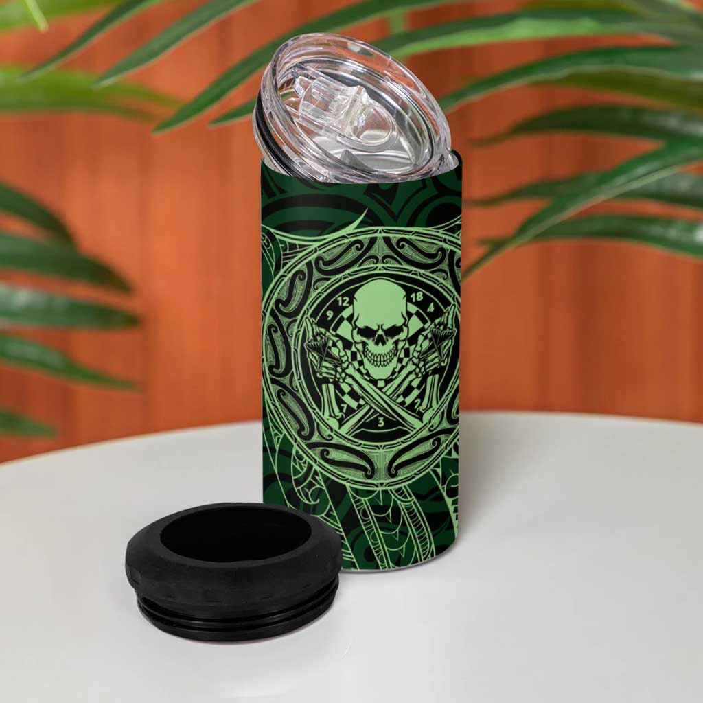 New Zealand Skull Darts 4 in 1 Can Cooler Tumbler Aotearoa Maori Chest Tattoo Stylized Green - Aussie Hoodie