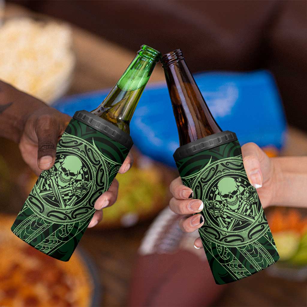 New Zealand Skull Darts 4 in 1 Can Cooler Tumbler Aotearoa Maori Chest Tattoo Stylized Green - Aussie Hoodie