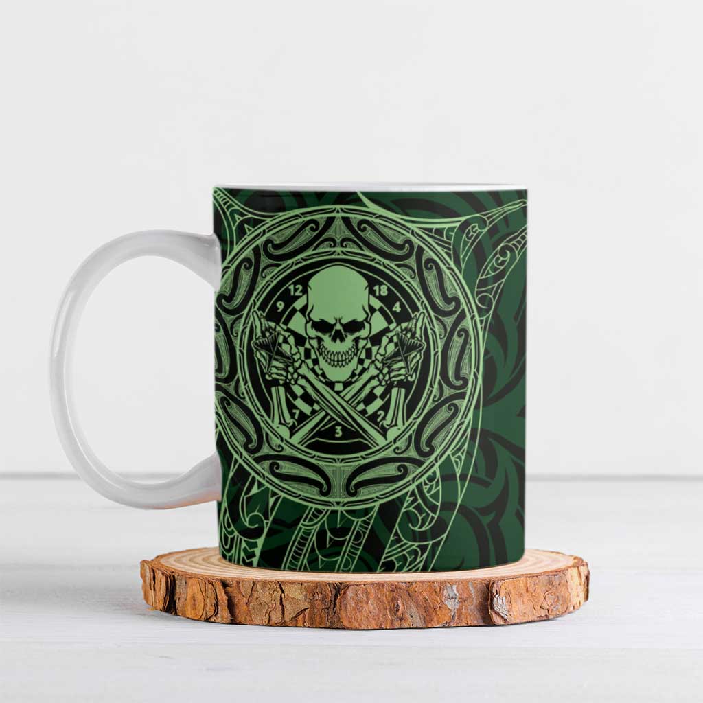 New Zealand Skull Darts Ceramic Mug Aotearoa Maori Chest Tattoo Stylized Green - Aussie Hoodie