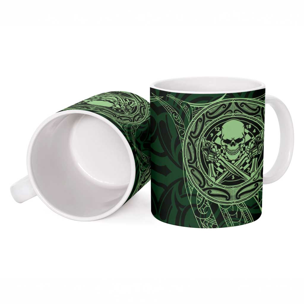 New Zealand Skull Darts Ceramic Mug Aotearoa Maori Chest Tattoo Stylized Green - Aussie Hoodie