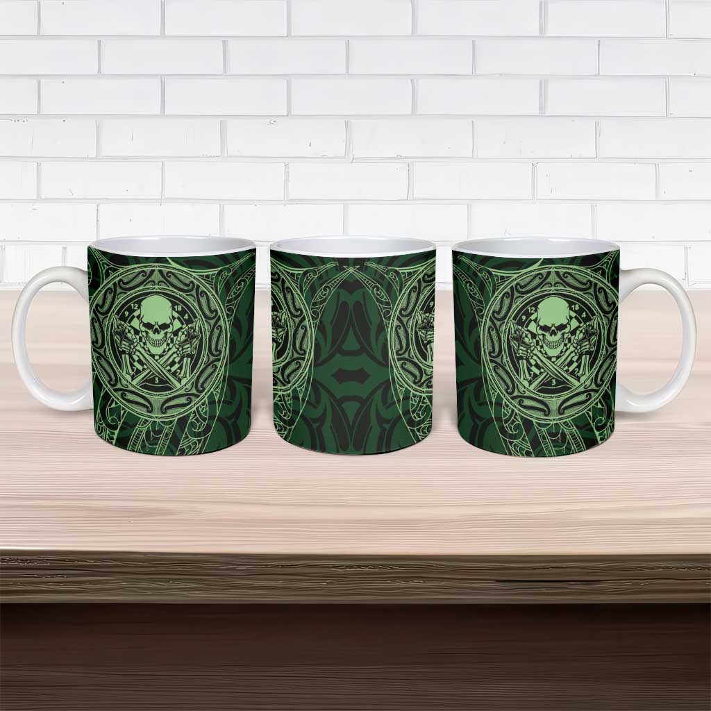New Zealand Skull Darts Ceramic Mug Aotearoa Maori Chest Tattoo Stylized Green - Aussie Hoodie