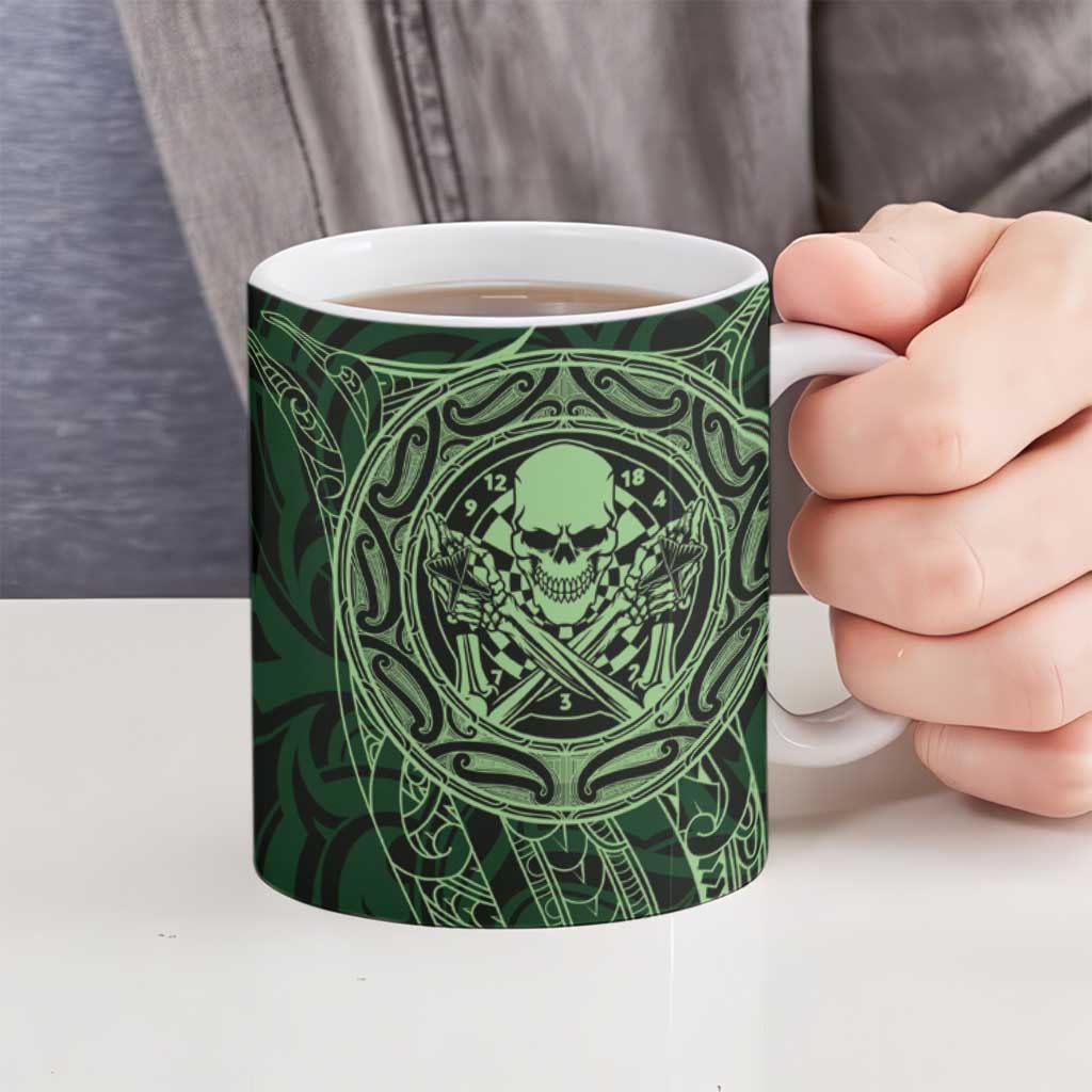 New Zealand Skull Darts Ceramic Mug Aotearoa Maori Chest Tattoo Stylized Green - Aussie Hoodie