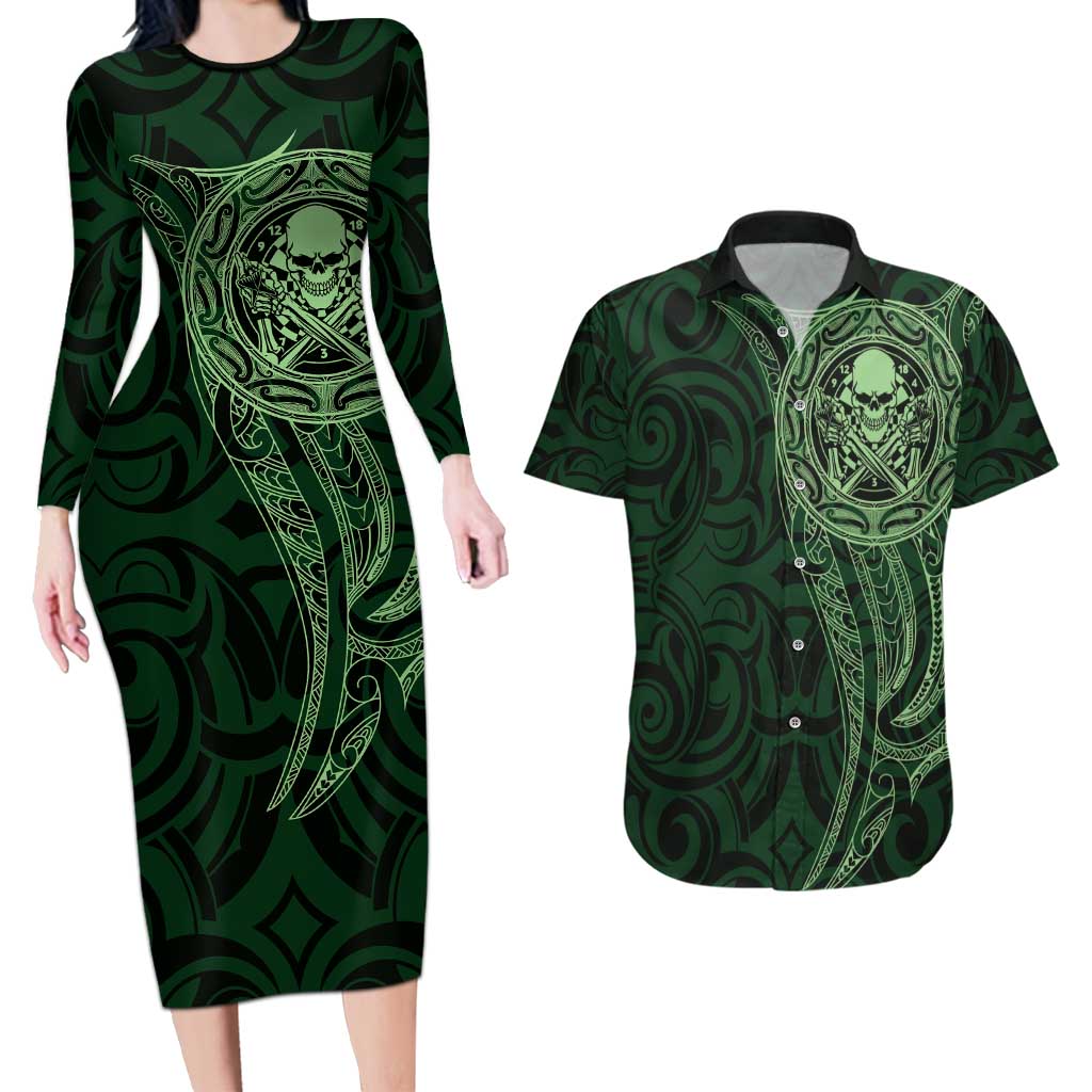 New Zealand Skull Darts Couples Matching Long Sleeve Bodycon Dress and Hawaiian Shirt Aotearoa Maori Chest Tattoo Stylized Green - Aussie Hoodie