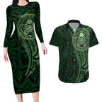 New Zealand Skull Darts Couples Matching Long Sleeve Bodycon Dress and Hawaiian Shirt Aotearoa Maori Chest Tattoo Stylized Green - Aussie Hoodie