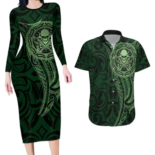 New Zealand Skull Darts Couples Matching Long Sleeve Bodycon Dress and Hawaiian Shirt Aotearoa Maori Chest Tattoo Stylized Green - Aussie Hoodie