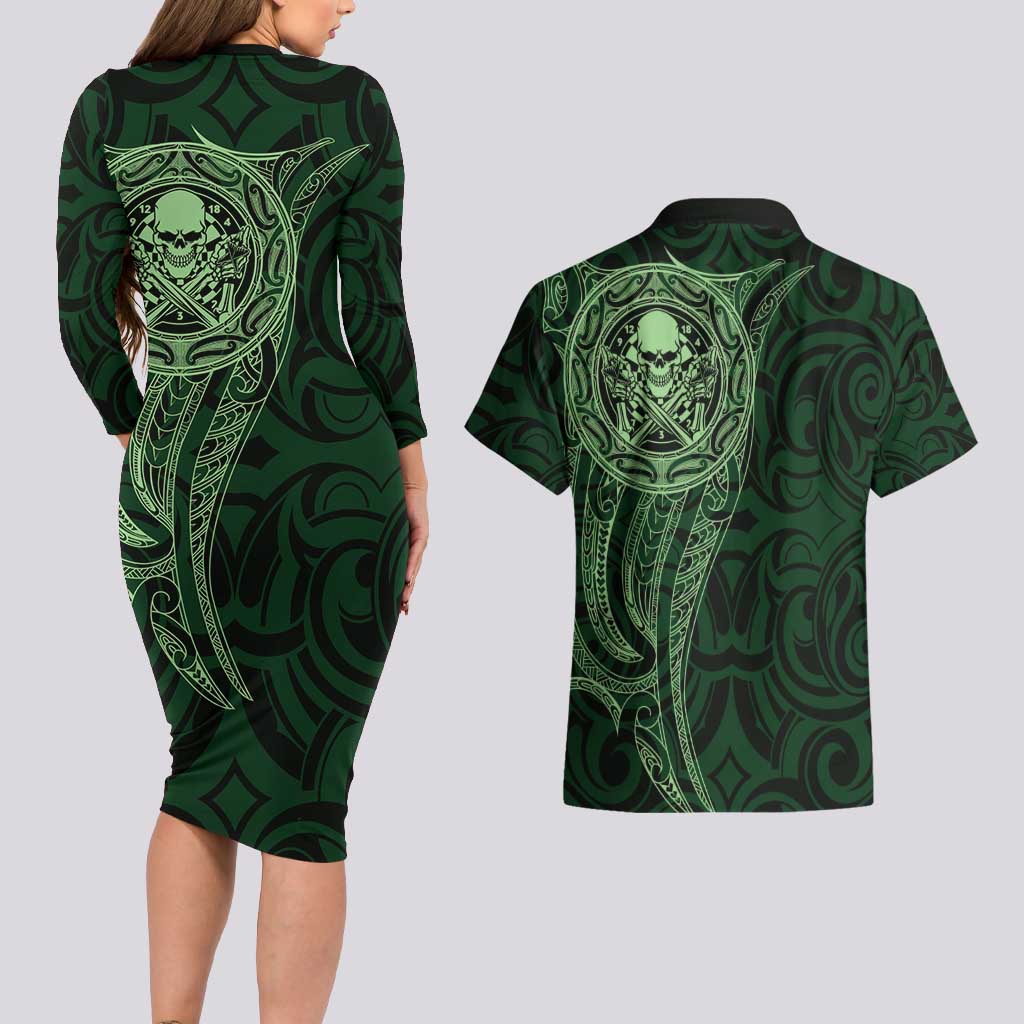 New Zealand Skull Darts Couples Matching Long Sleeve Bodycon Dress and Hawaiian Shirt Aotearoa Maori Chest Tattoo Stylized Green - Aussie Hoodie