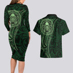 New Zealand Skull Darts Couples Matching Long Sleeve Bodycon Dress and Hawaiian Shirt Aotearoa Maori Chest Tattoo Stylized Green - Aussie Hoodie