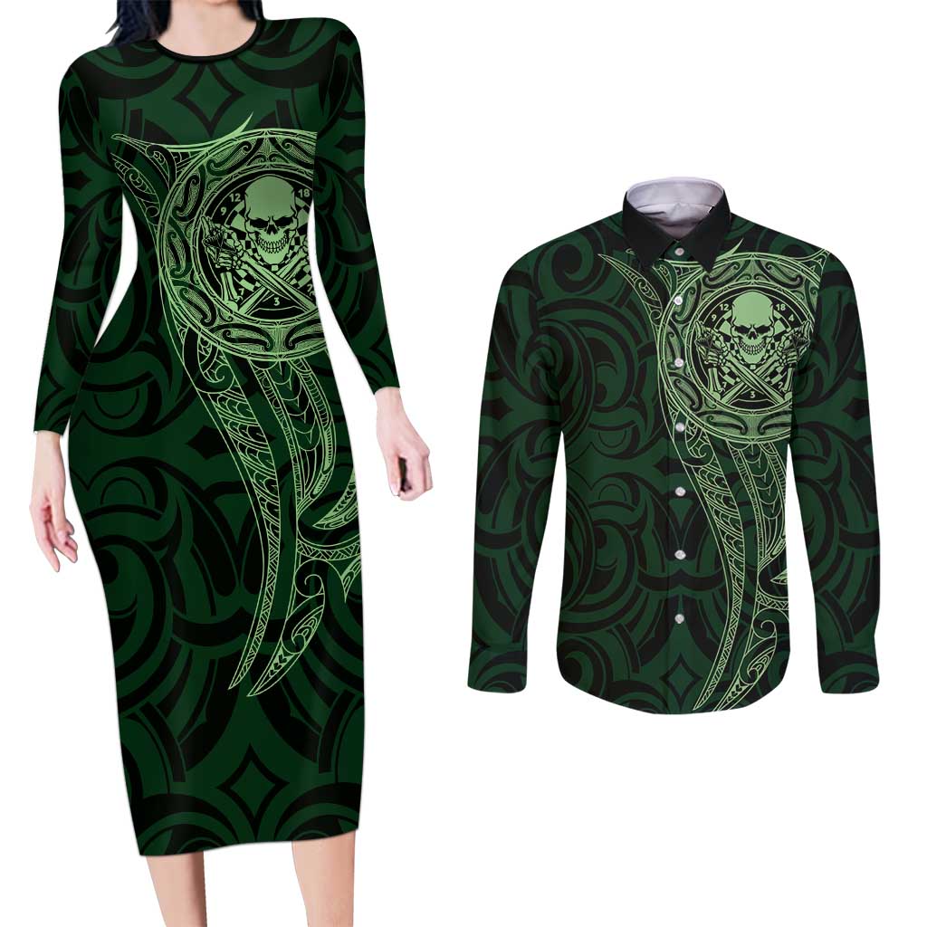 New Zealand Skull Darts Couples Matching Long Sleeve Bodycon Dress and Long Sleeve Button Shirt Aotearoa Maori Chest Tattoo Stylized Green - Aussie Hoodie