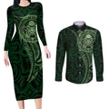 New Zealand Skull Darts Couples Matching Long Sleeve Bodycon Dress and Long Sleeve Button Shirt Aotearoa Maori Chest Tattoo Stylized Green - Aussie Hoodie