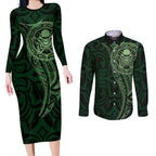 New Zealand Skull Darts Couples Matching Long Sleeve Bodycon Dress and Long Sleeve Button Shirt Aotearoa Maori Chest Tattoo Stylized Green - Aussie Hoodie