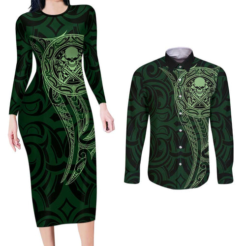 New Zealand Skull Darts Couples Matching Long Sleeve Bodycon Dress and Long Sleeve Button Shirt Aotearoa Maori Chest Tattoo Stylized Green - Aussie Hoodie