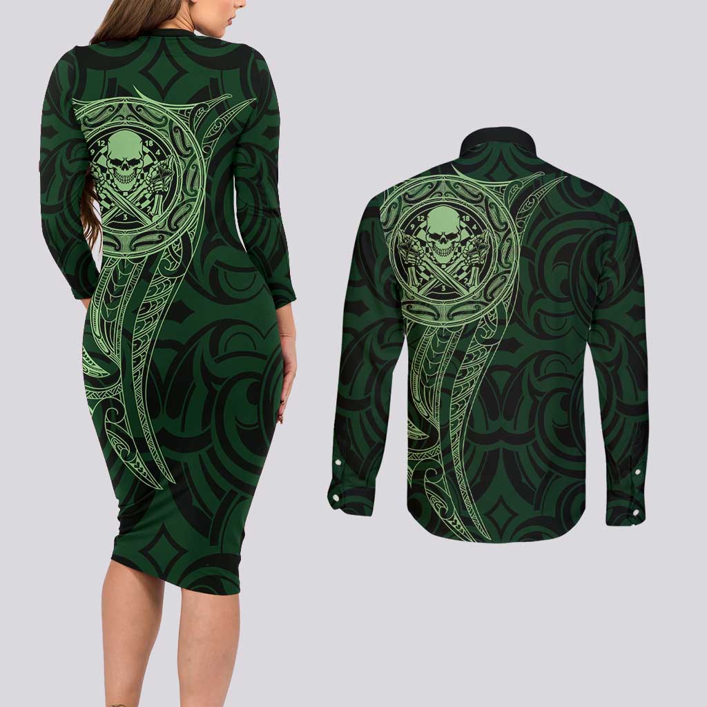 New Zealand Skull Darts Couples Matching Long Sleeve Bodycon Dress and Long Sleeve Button Shirt Aotearoa Maori Chest Tattoo Stylized Green - Aussie Hoodie