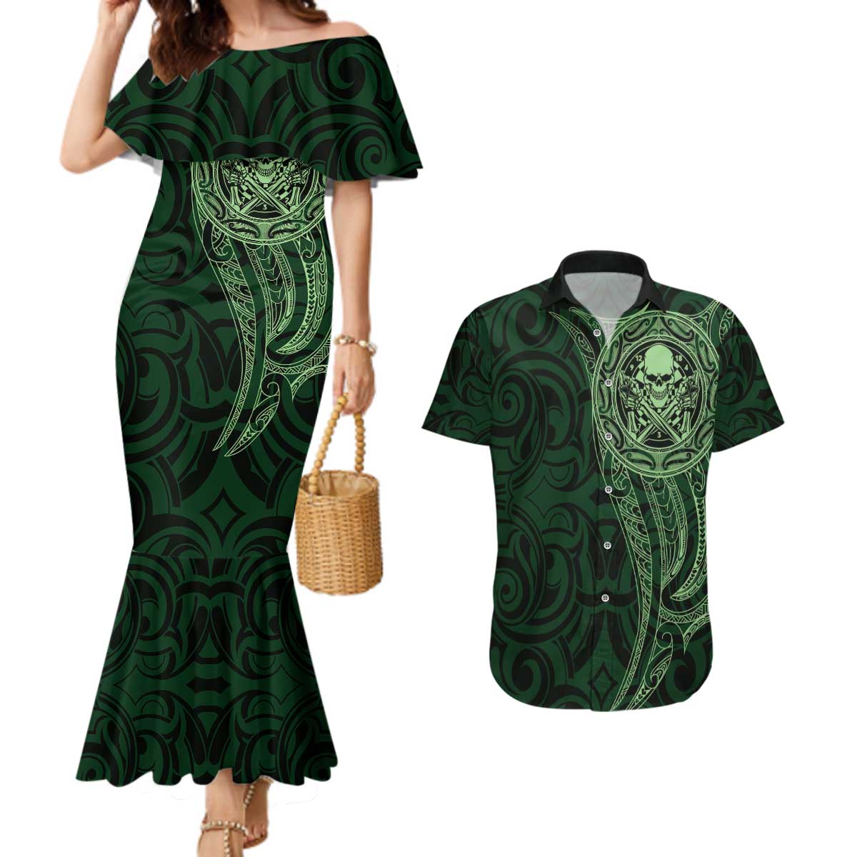 New Zealand Skull Darts Couples Matching Mermaid Dress and Hawaiian Shirt Aotearoa Maori Chest Tattoo Stylized Green - Aussie Hoodie