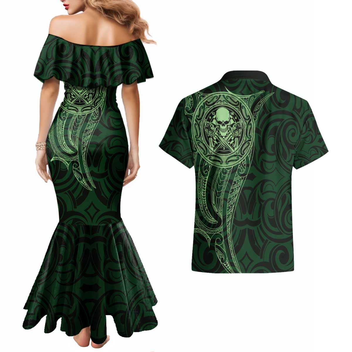 New Zealand Skull Darts Couples Matching Mermaid Dress and Hawaiian Shirt Aotearoa Maori Chest Tattoo Stylized Green - Aussie Hoodie