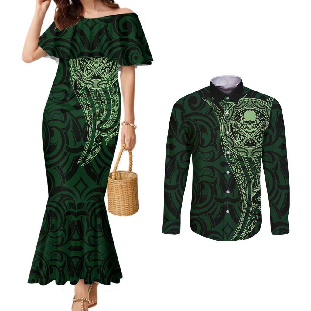 New Zealand Skull Darts Couples Matching Mermaid Dress and Long Sleeve Button Shirt Aotearoa Maori Chest Tattoo Stylized Green - Aussie Hoodie