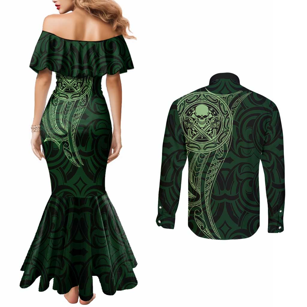 New Zealand Skull Darts Couples Matching Mermaid Dress and Long Sleeve Button Shirt Aotearoa Maori Chest Tattoo Stylized Green - Aussie Hoodie