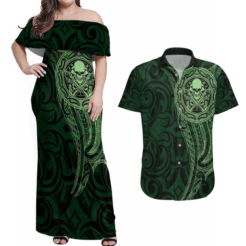 New Zealand Skull Darts Couples Matching Off Shoulder Maxi Dress and Hawaiian Shirt Aotearoa Maori Chest Tattoo Stylized Green - Aussie Hoodie