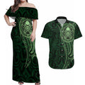 New Zealand Skull Darts Couples Matching Off Shoulder Maxi Dress and Hawaiian Shirt Aotearoa Maori Chest Tattoo Stylized Green - Aussie Hoodie