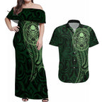 New Zealand Skull Darts Couples Matching Off Shoulder Maxi Dress and Hawaiian Shirt Aotearoa Maori Chest Tattoo Stylized Green - Aussie Hoodie