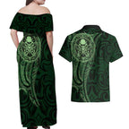 New Zealand Skull Darts Couples Matching Off Shoulder Maxi Dress and Hawaiian Shirt Aotearoa Maori Chest Tattoo Stylized Green - Aussie Hoodie