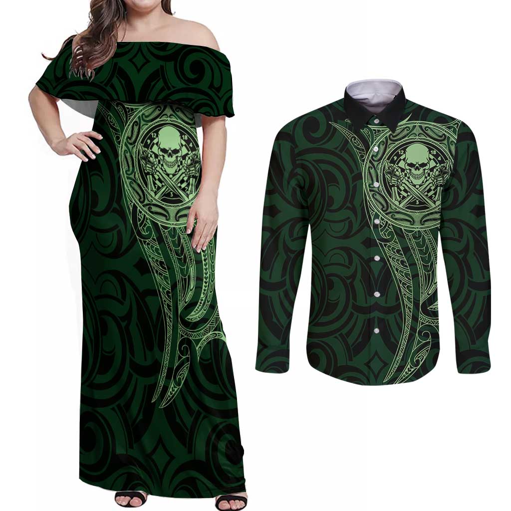 New Zealand Skull Darts Couples Matching Off Shoulder Maxi Dress and Long Sleeve Button Shirt Aotearoa Maori Chest Tattoo Stylized Green - Aussie Hoodie