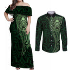 New Zealand Skull Darts Couples Matching Off Shoulder Maxi Dress and Long Sleeve Button Shirt Aotearoa Maori Chest Tattoo Stylized Green - Aussie Hoodie