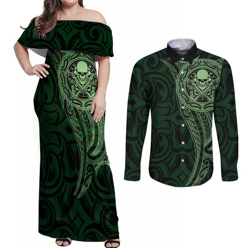 New Zealand Skull Darts Couples Matching Off Shoulder Maxi Dress and Long Sleeve Button Shirt Aotearoa Maori Chest Tattoo Stylized Green - Aussie Hoodie