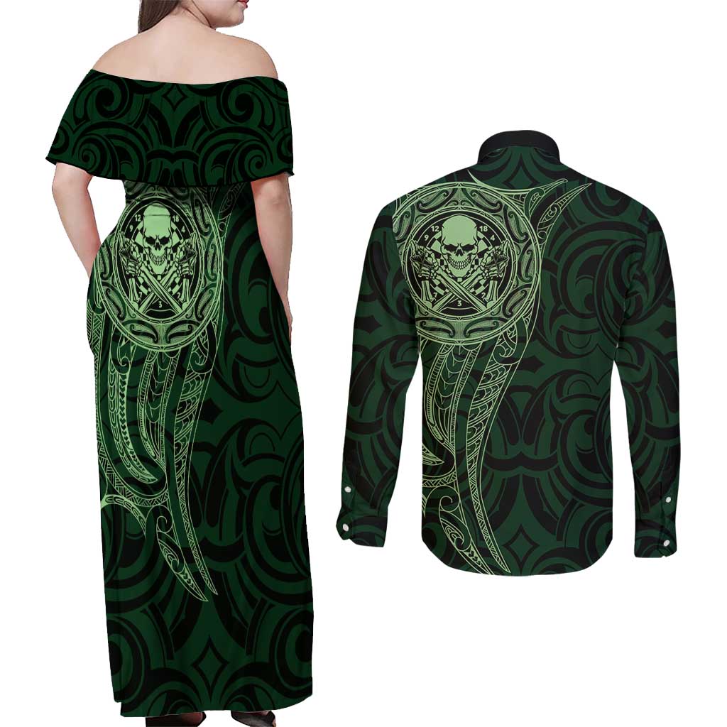 New Zealand Skull Darts Couples Matching Off Shoulder Maxi Dress and Long Sleeve Button Shirt Aotearoa Maori Chest Tattoo Stylized Green - Aussie Hoodie
