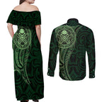 New Zealand Skull Darts Couples Matching Off Shoulder Maxi Dress and Long Sleeve Button Shirt Aotearoa Maori Chest Tattoo Stylized Green - Aussie Hoodie