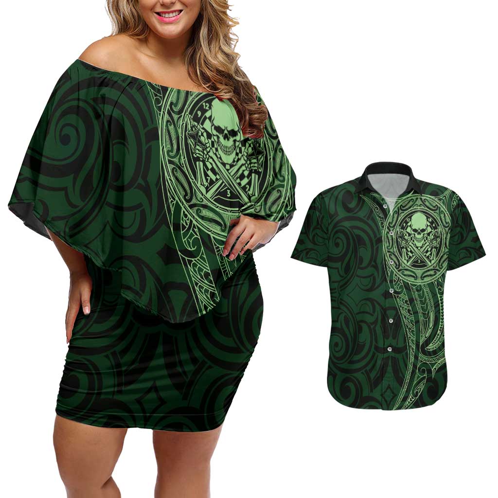 New Zealand Skull Darts Couples Matching Off Shoulder Short Dress and Hawaiian Shirt Aotearoa Maori Chest Tattoo Stylized Green - Aussie Hoodie