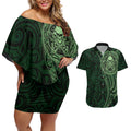 New Zealand Skull Darts Couples Matching Off Shoulder Short Dress and Hawaiian Shirt Aotearoa Maori Chest Tattoo Stylized Green - Aussie Hoodie