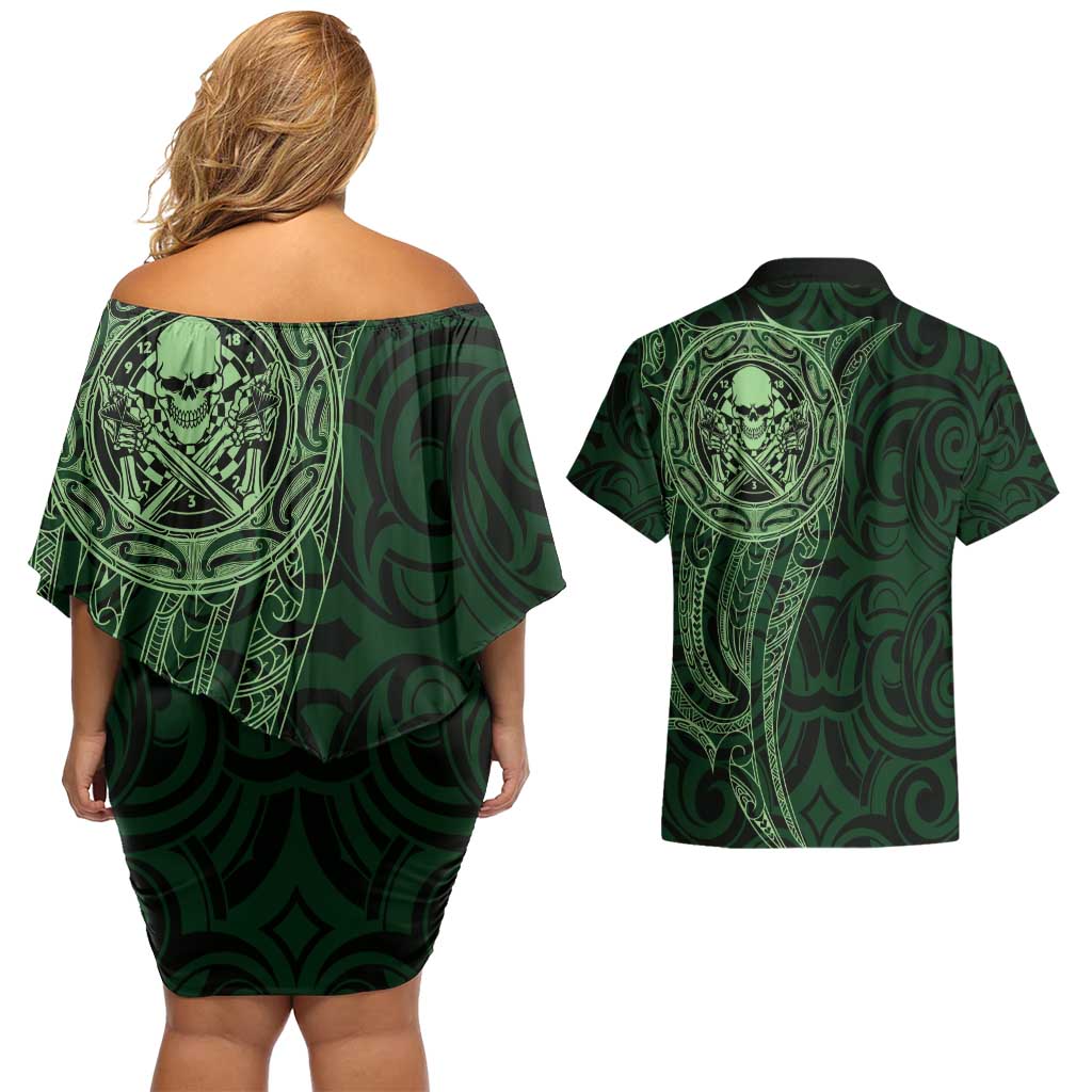 New Zealand Skull Darts Couples Matching Off Shoulder Short Dress and Hawaiian Shirt Aotearoa Maori Chest Tattoo Stylized Green - Aussie Hoodie