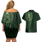 New Zealand Skull Darts Couples Matching Off Shoulder Short Dress and Hawaiian Shirt Aotearoa Maori Chest Tattoo Stylized Green - Aussie Hoodie