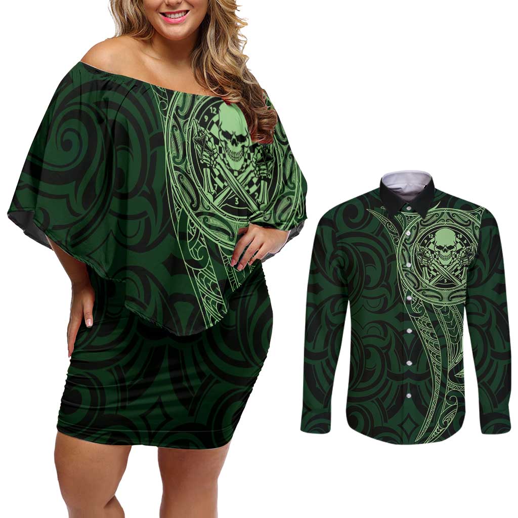 New Zealand Skull Darts Couples Matching Off Shoulder Short Dress and Long Sleeve Button Shirt Aotearoa Maori Chest Tattoo Stylized Green - Aussie Hoodie