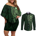 New Zealand Skull Darts Couples Matching Off Shoulder Short Dress and Long Sleeve Button Shirt Aotearoa Maori Chest Tattoo Stylized Green - Aussie Hoodie