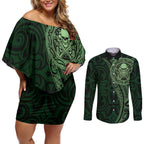 New Zealand Skull Darts Couples Matching Off Shoulder Short Dress and Long Sleeve Button Shirt Aotearoa Maori Chest Tattoo Stylized Green - Aussie Hoodie