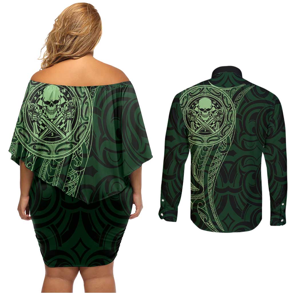 New Zealand Skull Darts Couples Matching Off Shoulder Short Dress and Long Sleeve Button Shirt Aotearoa Maori Chest Tattoo Stylized Green - Aussie Hoodie