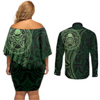 New Zealand Skull Darts Couples Matching Off Shoulder Short Dress and Long Sleeve Button Shirt Aotearoa Maori Chest Tattoo Stylized Green - Aussie Hoodie