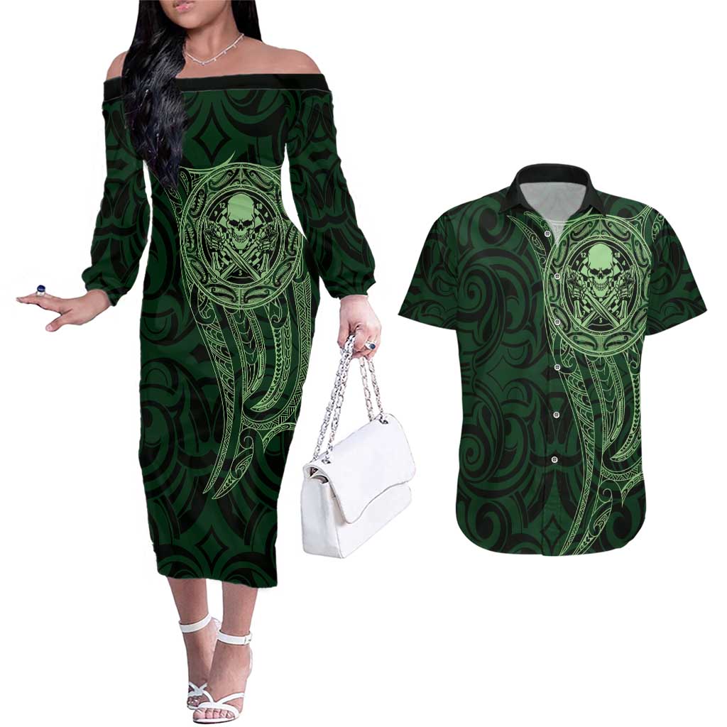 New Zealand Skull Darts Couples Matching Off The Shoulder Long Sleeve Dress and Hawaiian Shirt Aotearoa Maori Chest Tattoo Stylized Green - Aussie Hoodie