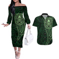 New Zealand Skull Darts Couples Matching Off The Shoulder Long Sleeve Dress and Hawaiian Shirt Aotearoa Maori Chest Tattoo Stylized Green - Aussie Hoodie