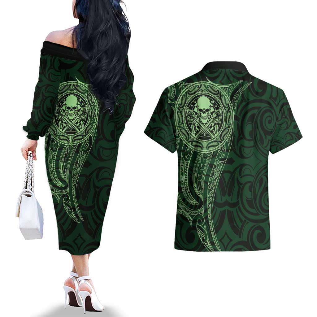 New Zealand Skull Darts Couples Matching Off The Shoulder Long Sleeve Dress and Hawaiian Shirt Aotearoa Maori Chest Tattoo Stylized Green - Aussie Hoodie