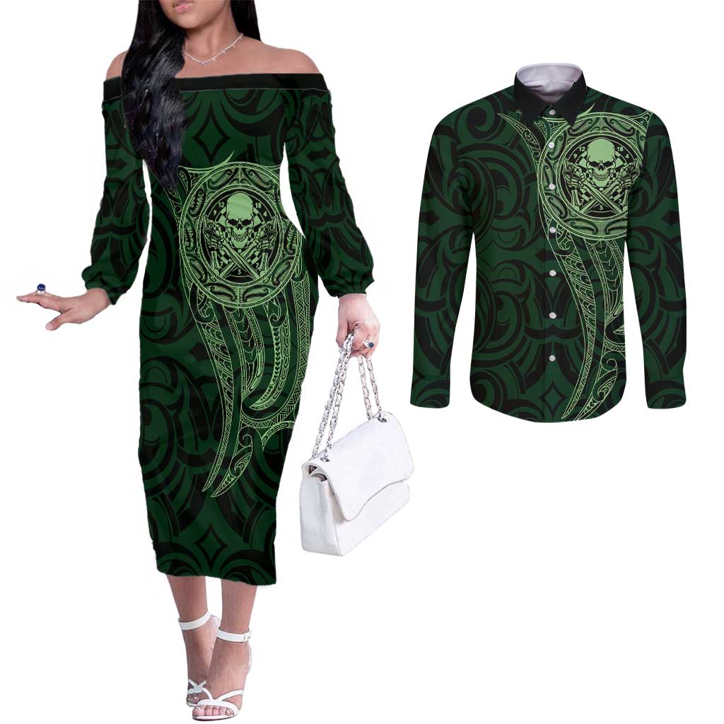 New Zealand Skull Darts Couples Matching Off The Shoulder Long Sleeve Dress and Long Sleeve Button Shirt Aotearoa Maori Chest Tattoo Stylized Green - Aussie Hoodie