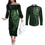 New Zealand Skull Darts Couples Matching Off The Shoulder Long Sleeve Dress and Long Sleeve Button Shirt Aotearoa Maori Chest Tattoo Stylized Green - Aussie Hoodie