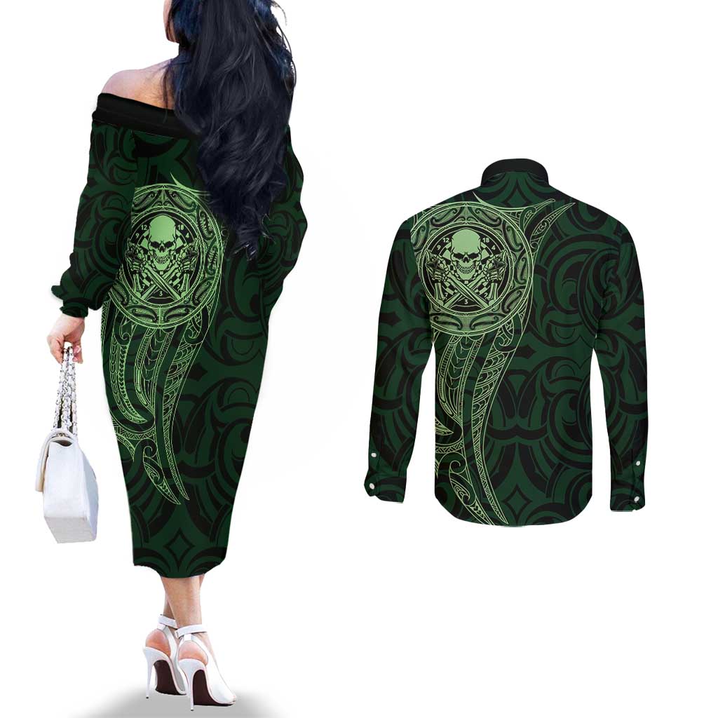 New Zealand Skull Darts Couples Matching Off The Shoulder Long Sleeve Dress and Long Sleeve Button Shirt Aotearoa Maori Chest Tattoo Stylized Green - Aussie Hoodie