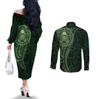 New Zealand Skull Darts Couples Matching Off The Shoulder Long Sleeve Dress and Long Sleeve Button Shirt Aotearoa Maori Chest Tattoo Stylized Green - Aussie Hoodie