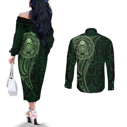 New Zealand Skull Darts Couples Matching Off The Shoulder Long Sleeve Dress and Long Sleeve Button Shirt Aotearoa Maori Chest Tattoo Stylized Green - Aussie Hoodie