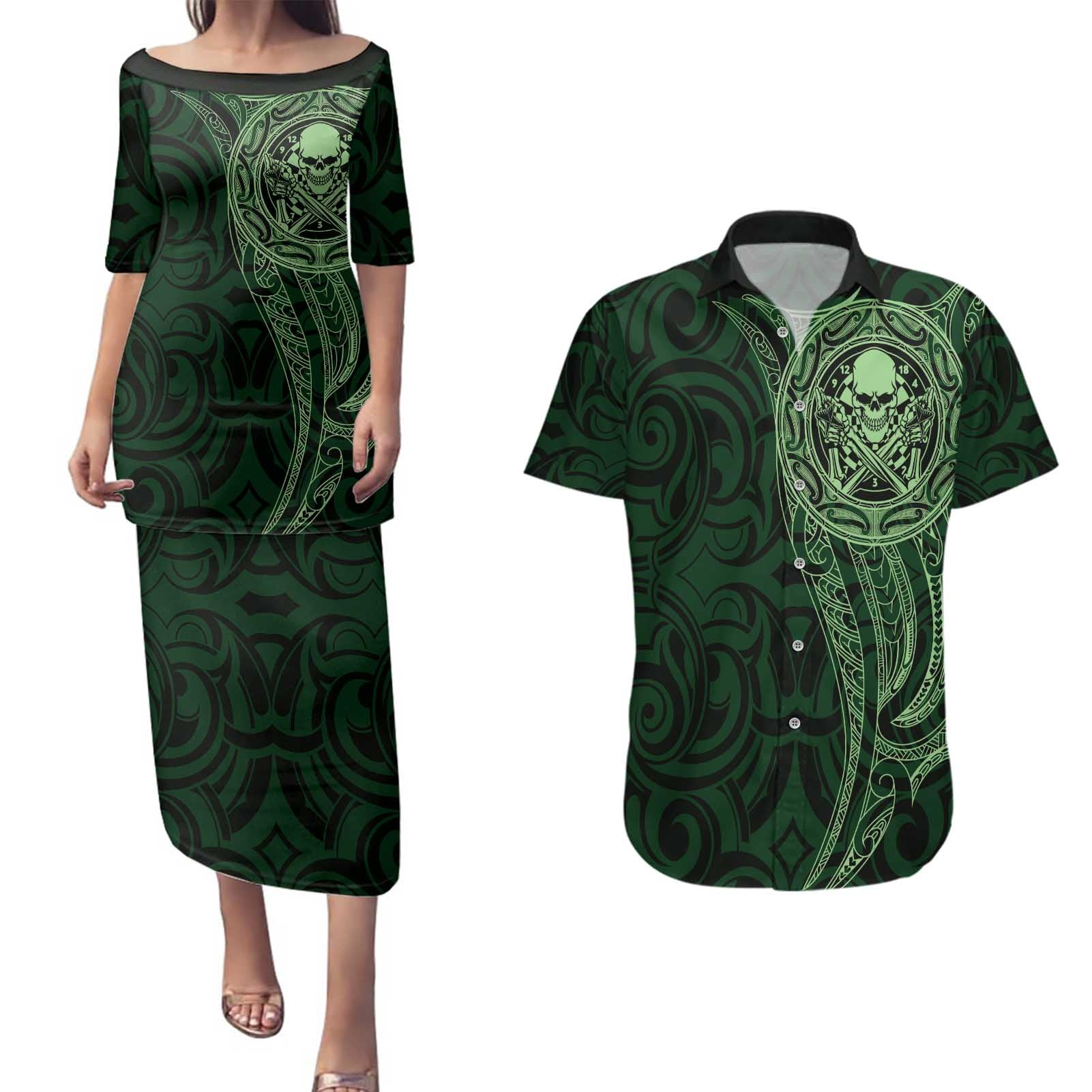 New Zealand Skull Darts Couples Matching Puletasi and Hawaiian Shirt Aotearoa Maori Chest Tattoo Stylized Green - Aussie Hoodie